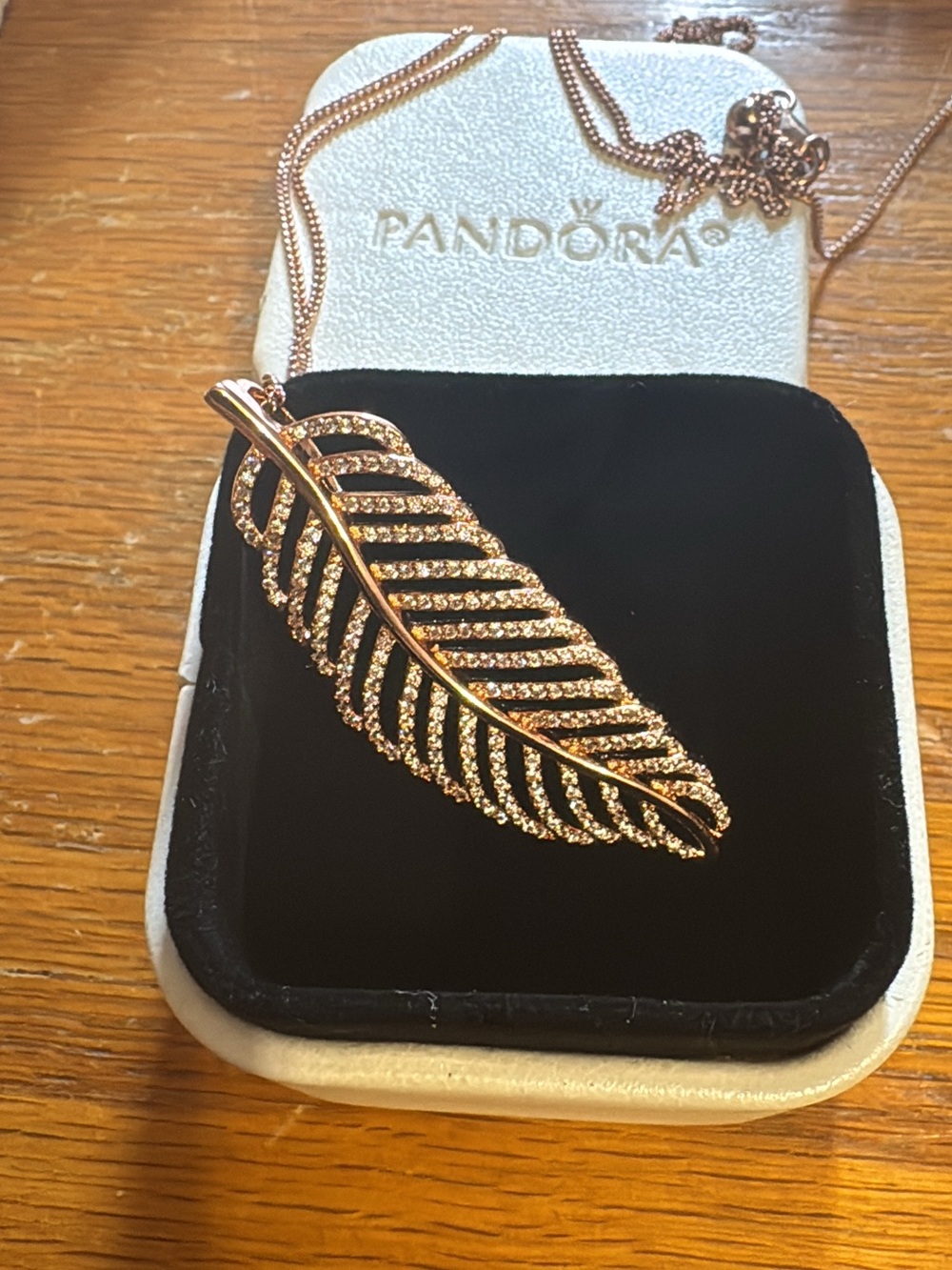 Pandora Rose Gold Feather Pendant Necklace with Crystals